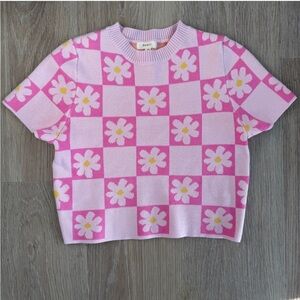 NWT Debut Pink Floral Checkered Daisy Short Sleeve Sweater